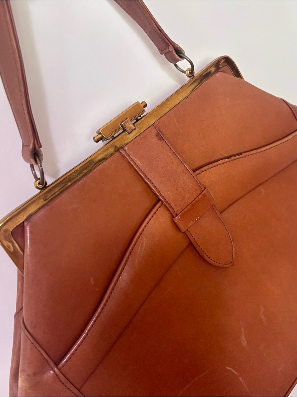 Letisse| Vintage Cognac Genuine Leather Frame Top Handle Handbag Satchel 60s 70s